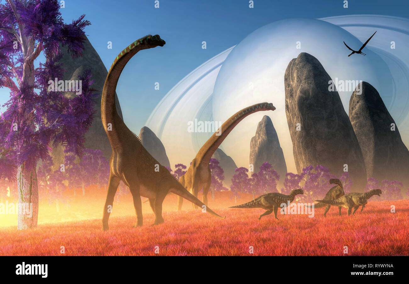 On a world far from earth, dinosaurs roam. Long necked sauropods and ornithopods live in long alien grasses. Stock Photo
