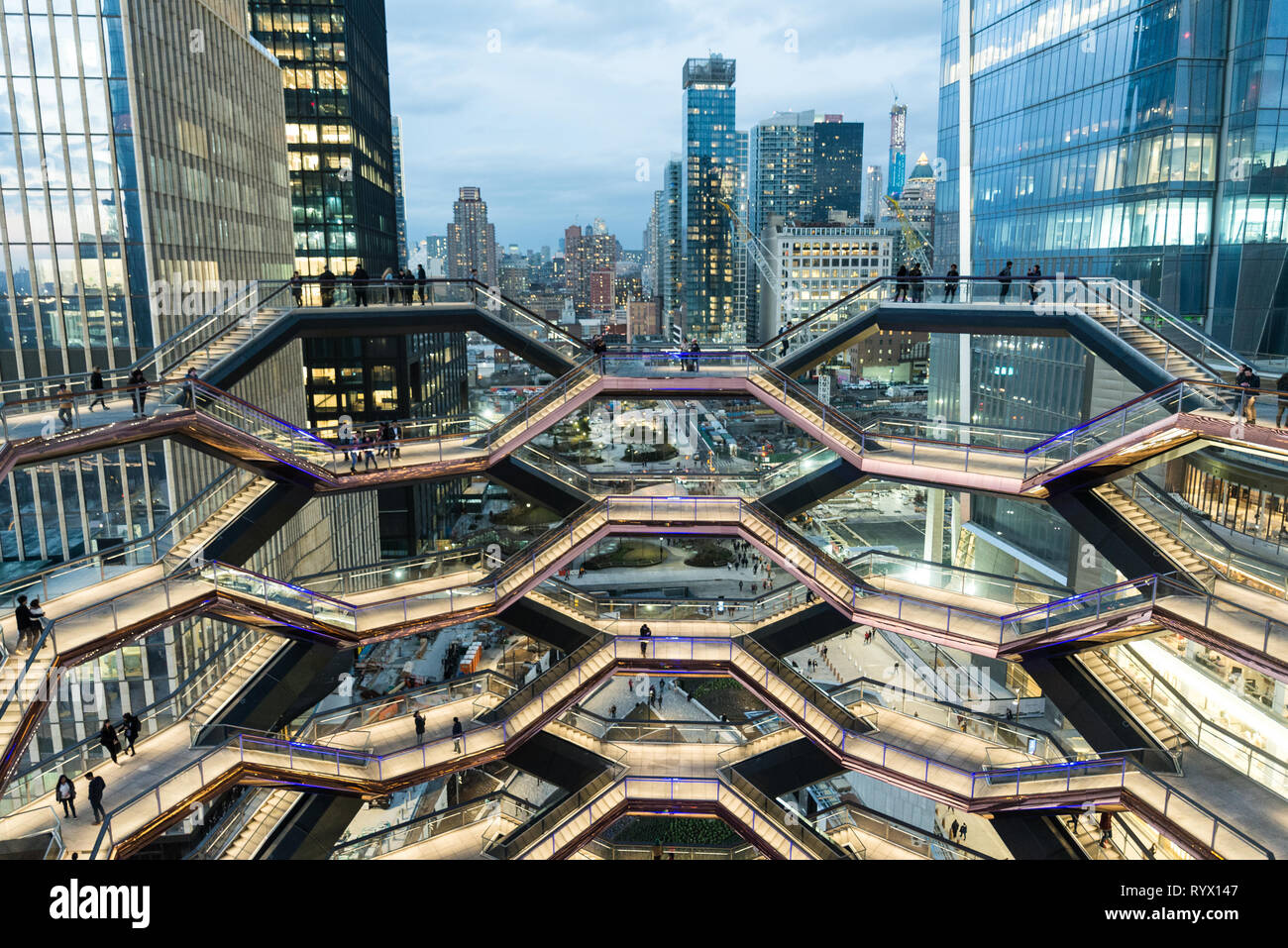 New York, NY - March 15 2019: The Vessel Building in Hudson Yards Manhattan Opened to vistors to see the inside of it's abstract shapes. There are end Stock Photo