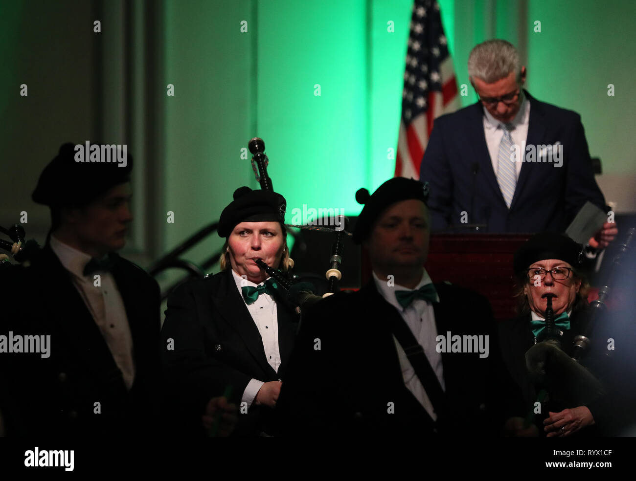 Pipers play at the Irish Fellowship Club Annual SPD Dinner at the Hilton Hotel, Chicago, during Taoiseach Leo Varadkar's visit to the United States. Stock Photo