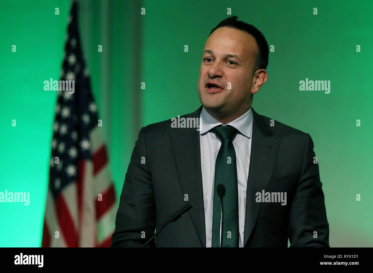 Taoiseach Leo Varadkar speaking at the Irish Fellowship Club Annual SPD Dinner at the Hilton Hotel, Chicago, as he continues his visit to the United States. Stock Photo