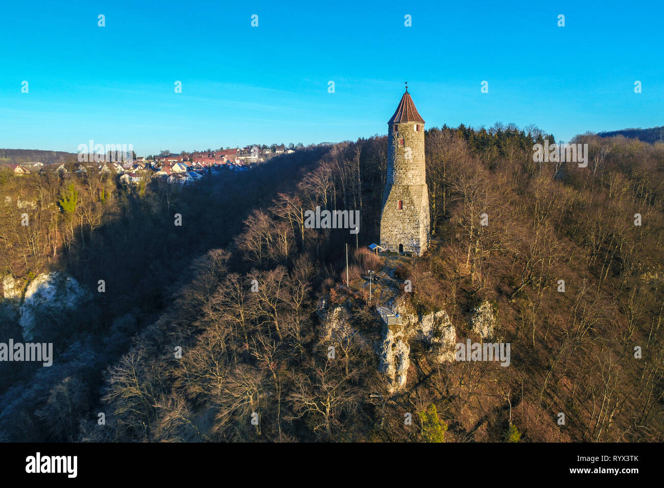 Ödenturm lookout tower on a mountain spur, Geislingen an der Steige, Swabian Alb, Germany Stock Photo