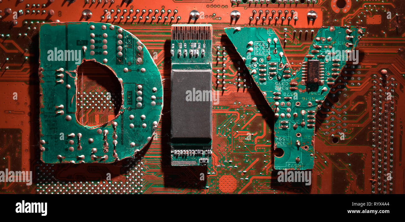 Signboard with Do It Yourself abbreviation made from computer parts ...