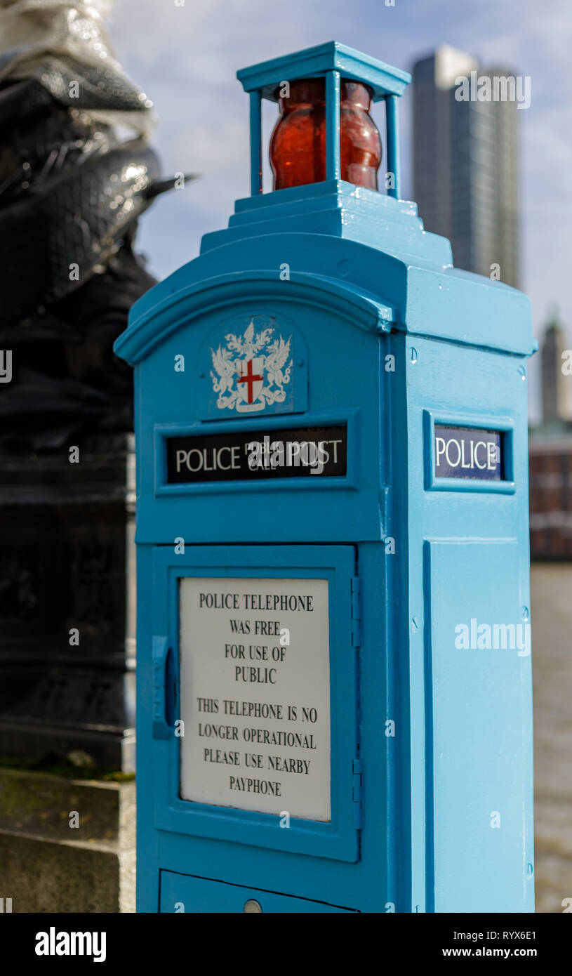 LONDON, UK - MARCH 11 : Traditional Police public call post on Victoria Embankment  in London on March 11, 2019 Stock Photo