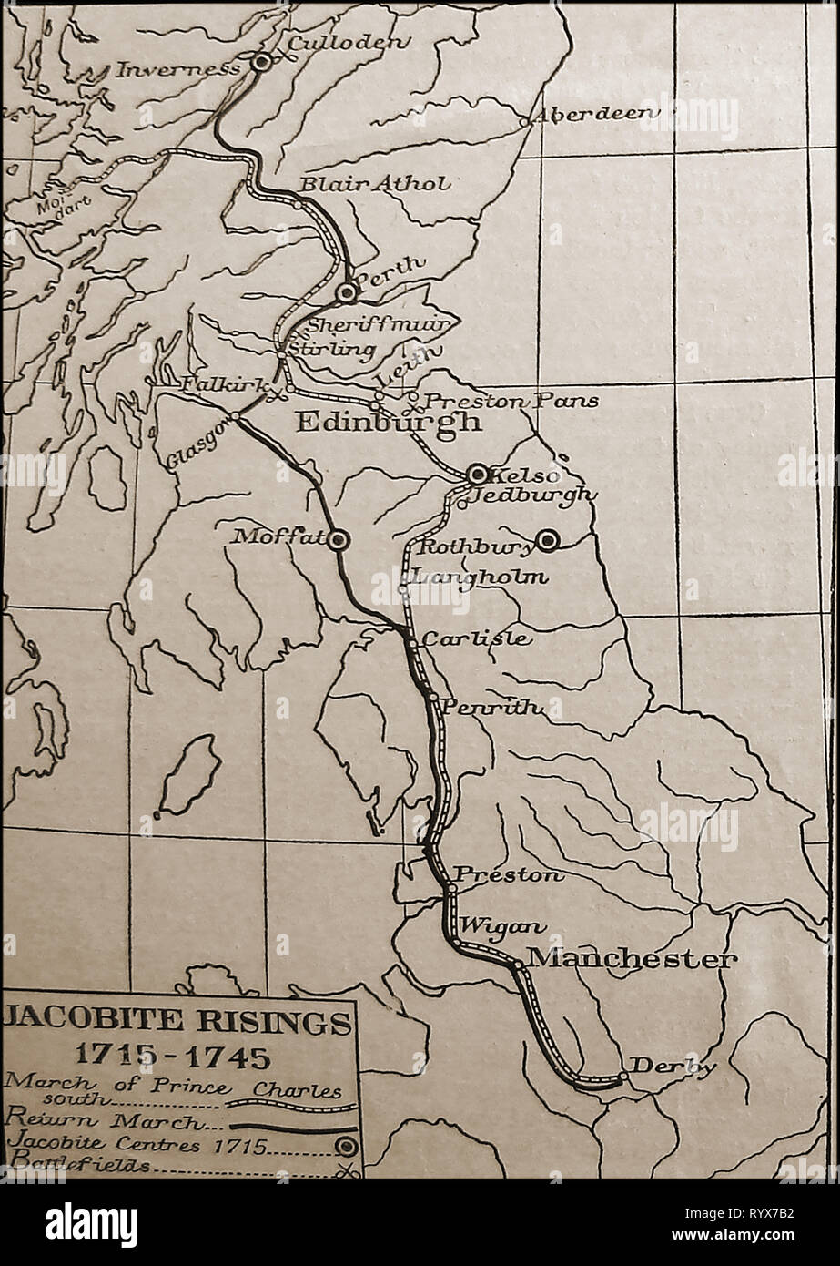 A 1921 outline map showing the Jacobite Risings 1715-1745 in the UK Stock Photo