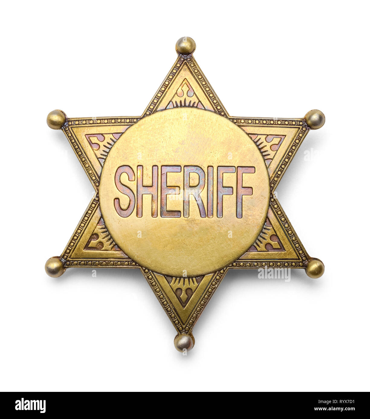 Brass Sheriff Badge Isolated on White Background. Stock Photo