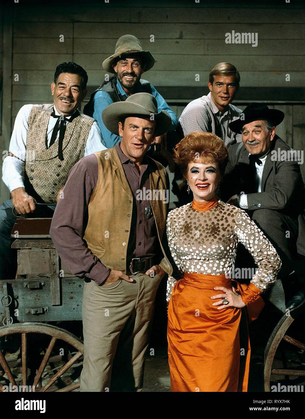 GLENN STRANGE, KEN CURTIS, JAMES ARNESS, AMANDA BLAKE, ROBERT EWING,MILBURN STONE, GUNSMOKE, 1966 Stock Photo