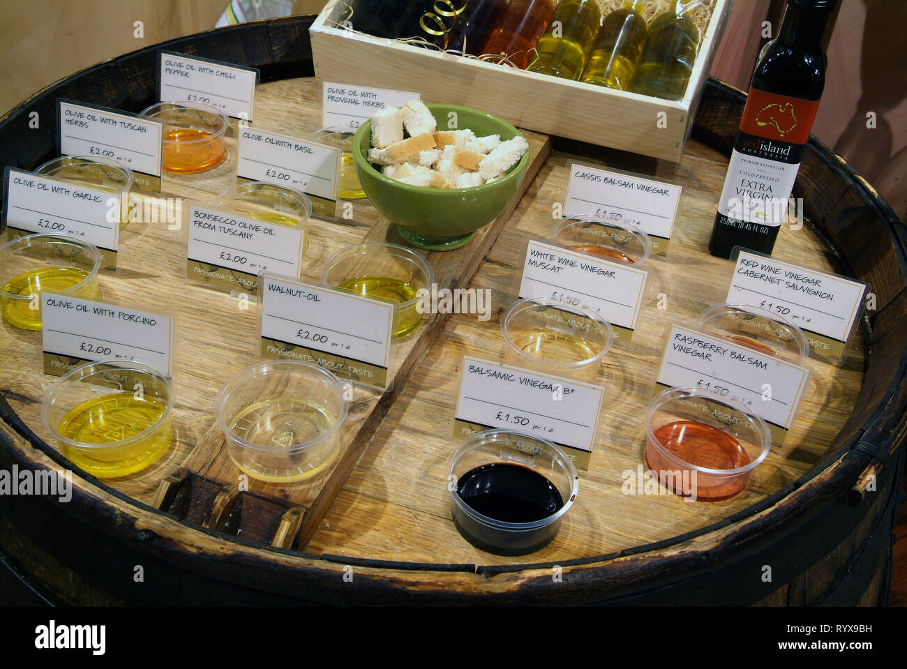 A tasting selection of oil & vinegars Stock Photo Alamy