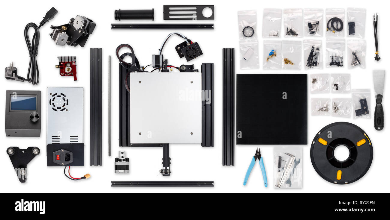 3D printer printing self building DIY kit all parts isolated on white future technology background Stock Photo