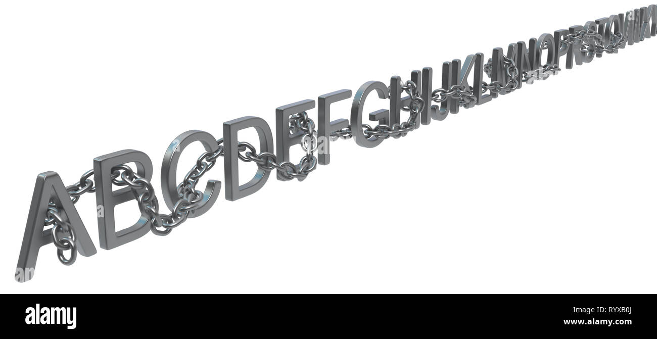 Alphabet chained, dark grey metal 3d illustration, isolated, horizontal, over white Stock Photo