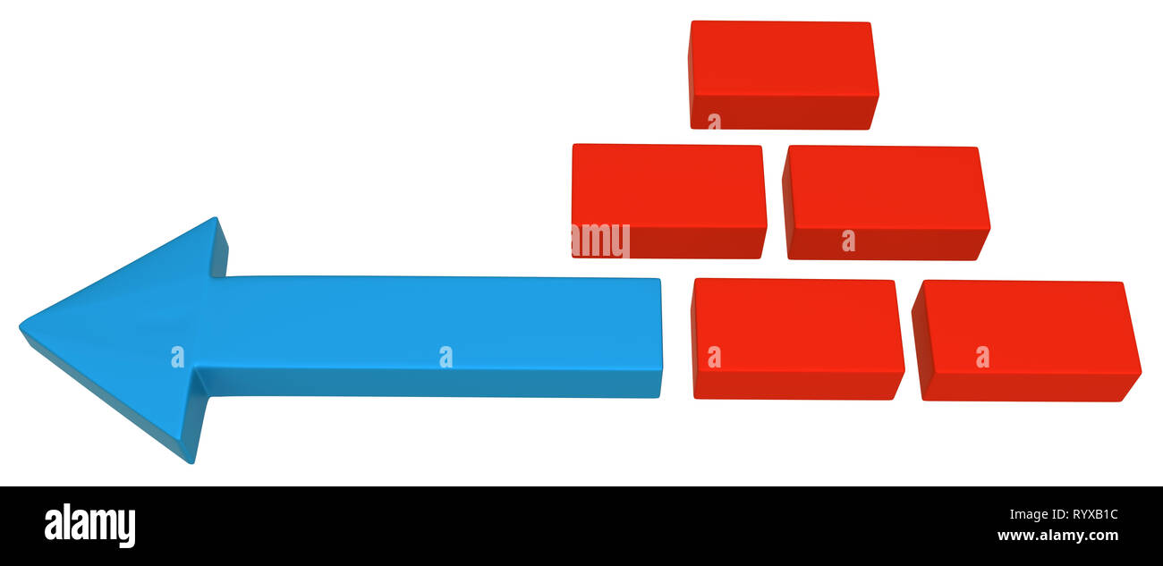 Blue symbolic arrow red bricks, 3d illustration, horizontal, over white ...
