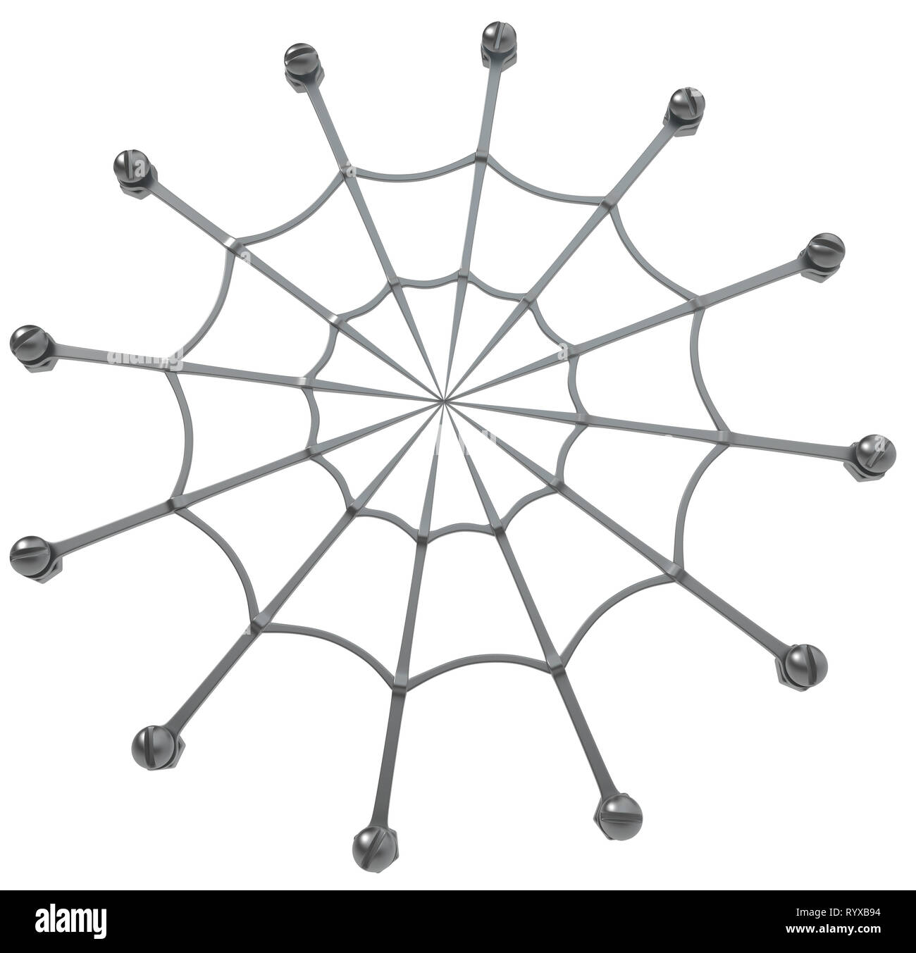 Spider web bolted grey metal 3d illustration, isolated, horizontal, over white Stock Photo