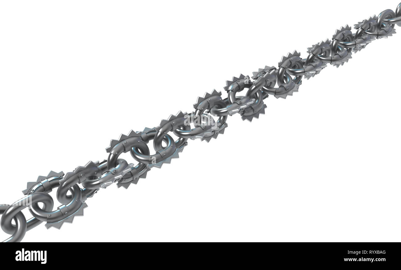 Chain saw links stretch, dark grey metal 3d illustration, isolated