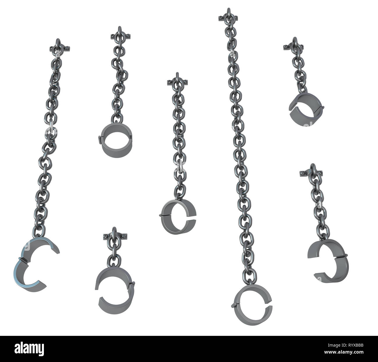Shackles chain hanging set grey metal 3d illustration, isolated, horizontal, over white Stock Photo