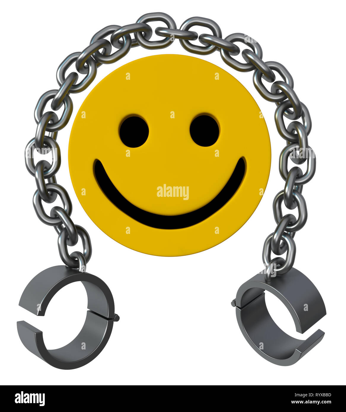 Shackles chain metal with happy face symbol 3d illustration, isolated, vertical, over white Stock Photo