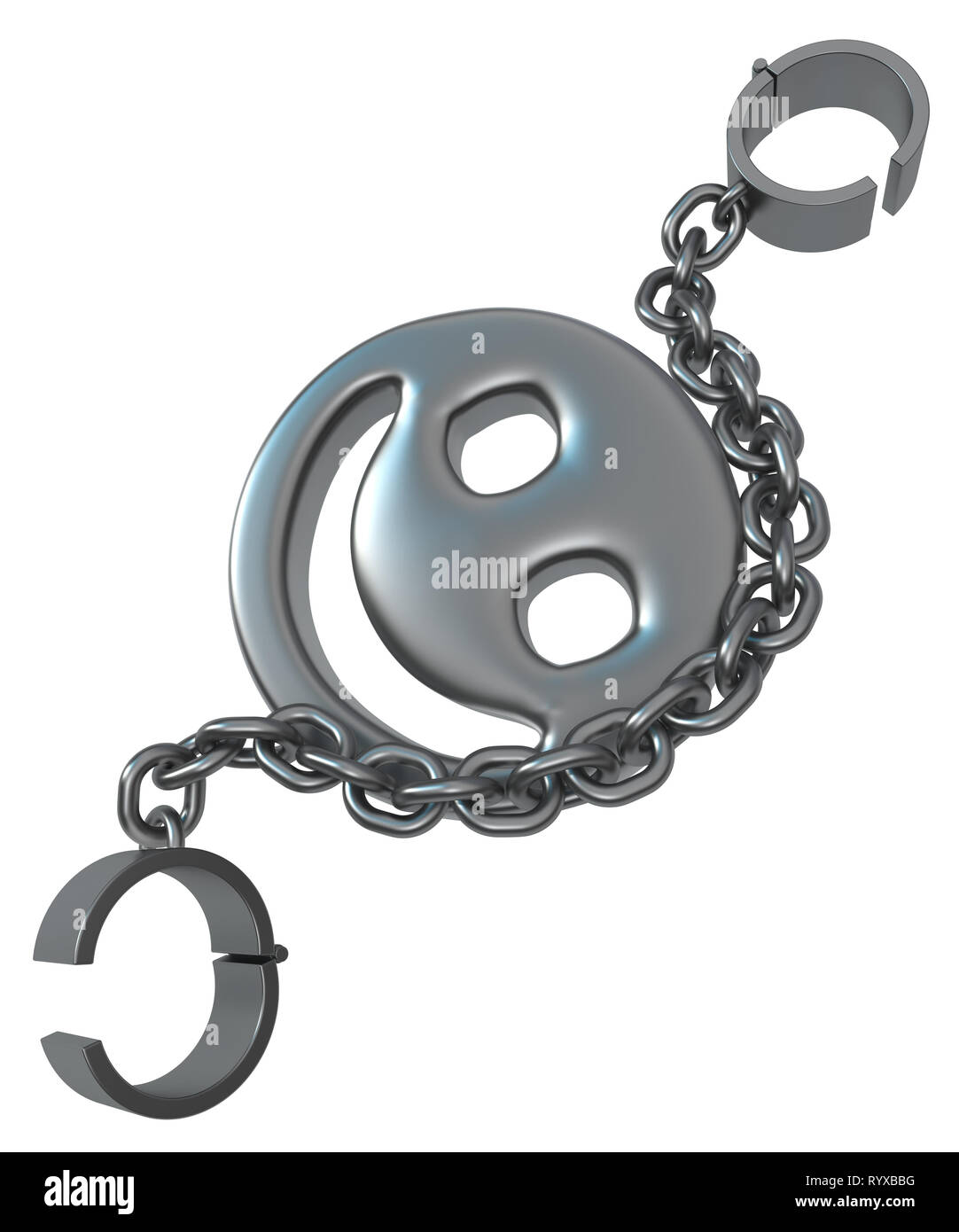 Shackles chain metal with happy face symbol weight 3d illustration, isolated, vertical, over white Stock Photo