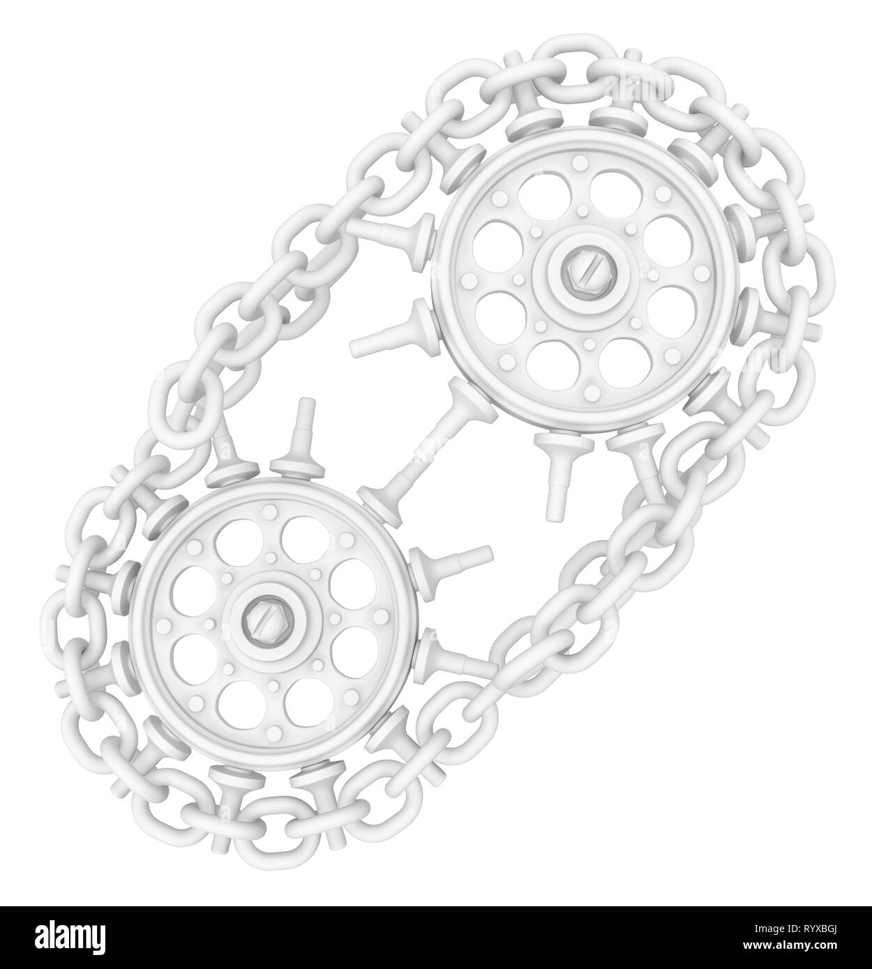 Chain two gear wheels white 3d illustration, isolated, vertical Stock Photo