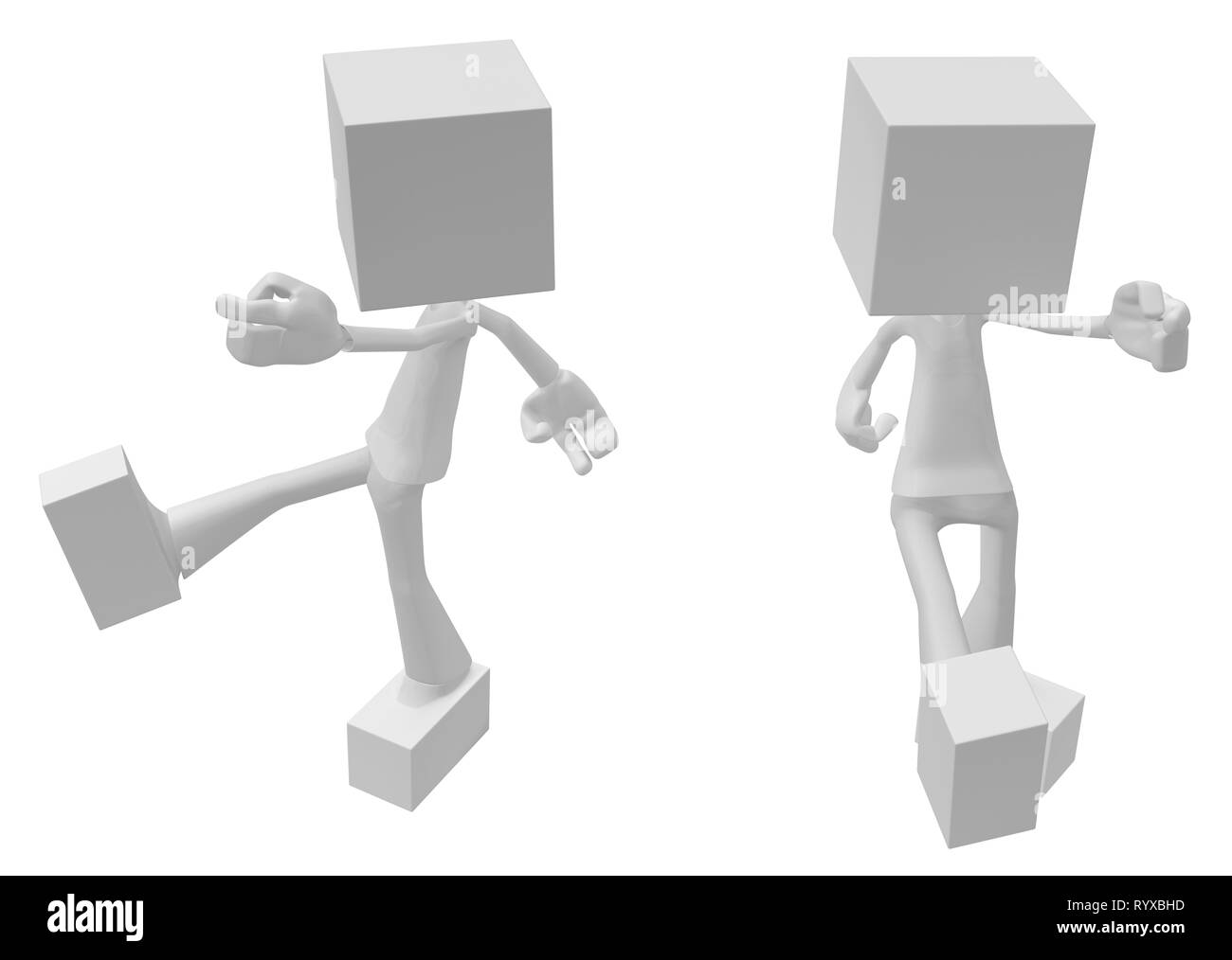 White symbolic figures square head, 3d illustration, horizontal