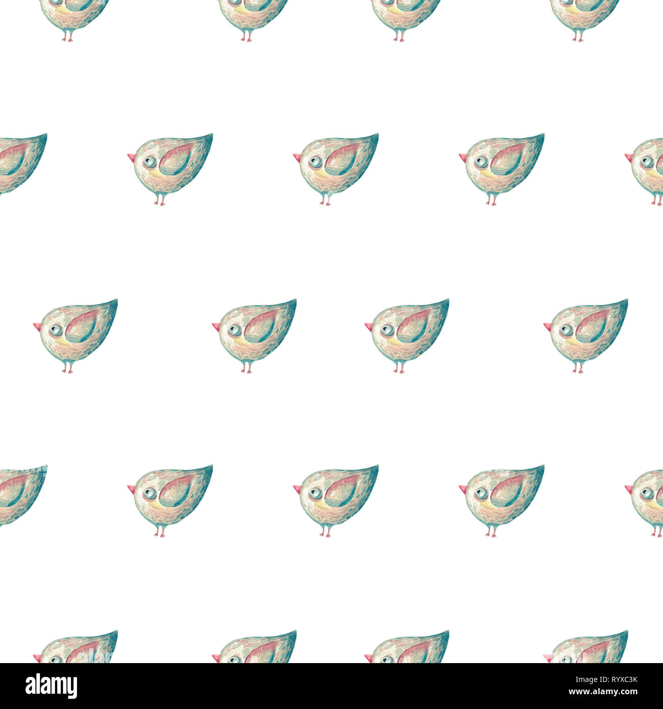 Seamless pattern cute bird on white isolated background. Watercolor ...