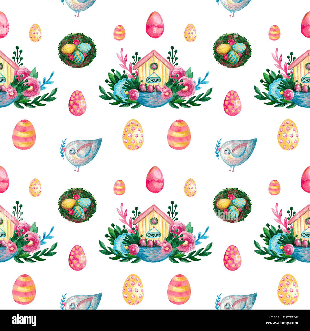 Spring Easter composition house basket branches flowers eggs on white isolated background. Festive symbolic elements seamless pattern Stock Photo