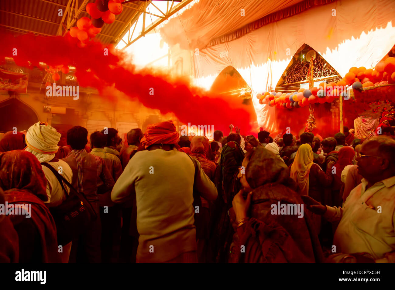 Holi,festival of colour,played,by devotees,inside Radharani Temple,Barsana,Mathura,U.P.India. Stock Photo