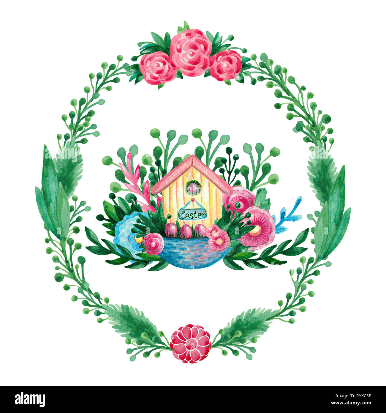 Spring Easter composition house basket branches flowers eggs on white isolated background. Festive symbolic elements frame Stock Photo