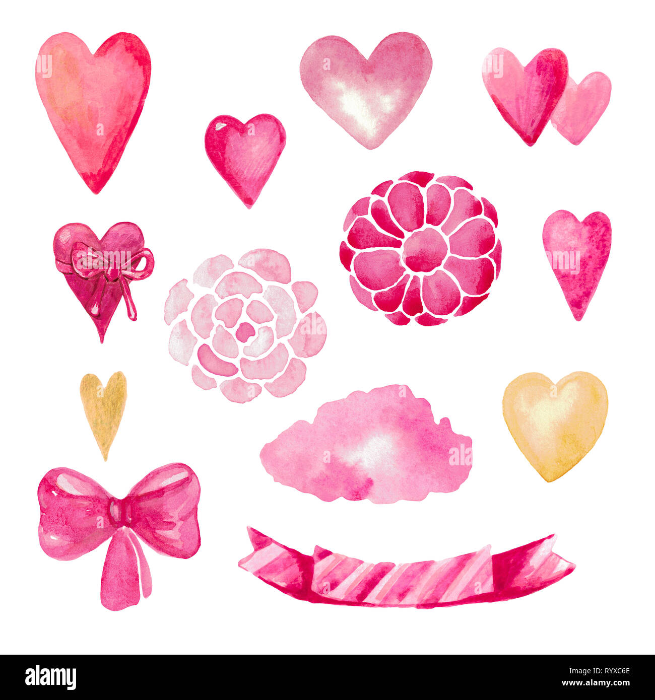 Watercolor set of romantic hearts flowers texture bow pink color. A set ...
