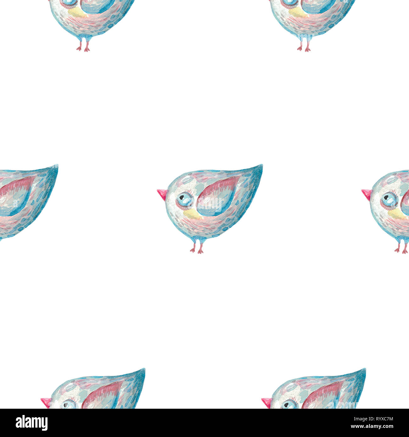 Seamless pattern cute bird on white isolated background. Watercolor ...