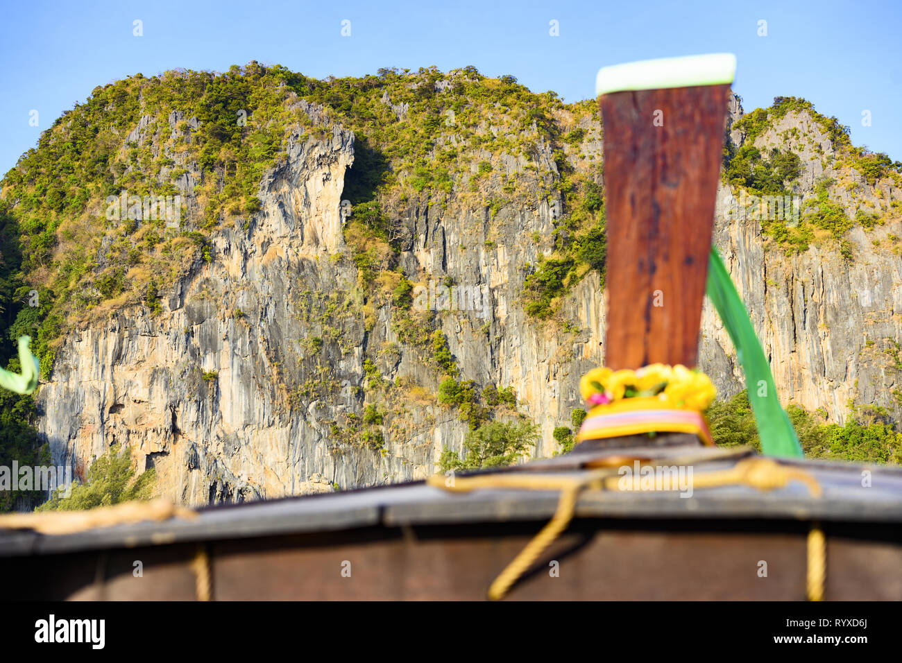 (selective focus) Stunning view of some limestone rock mountains surrounding the beautiful Maya Bay. Stock Photo