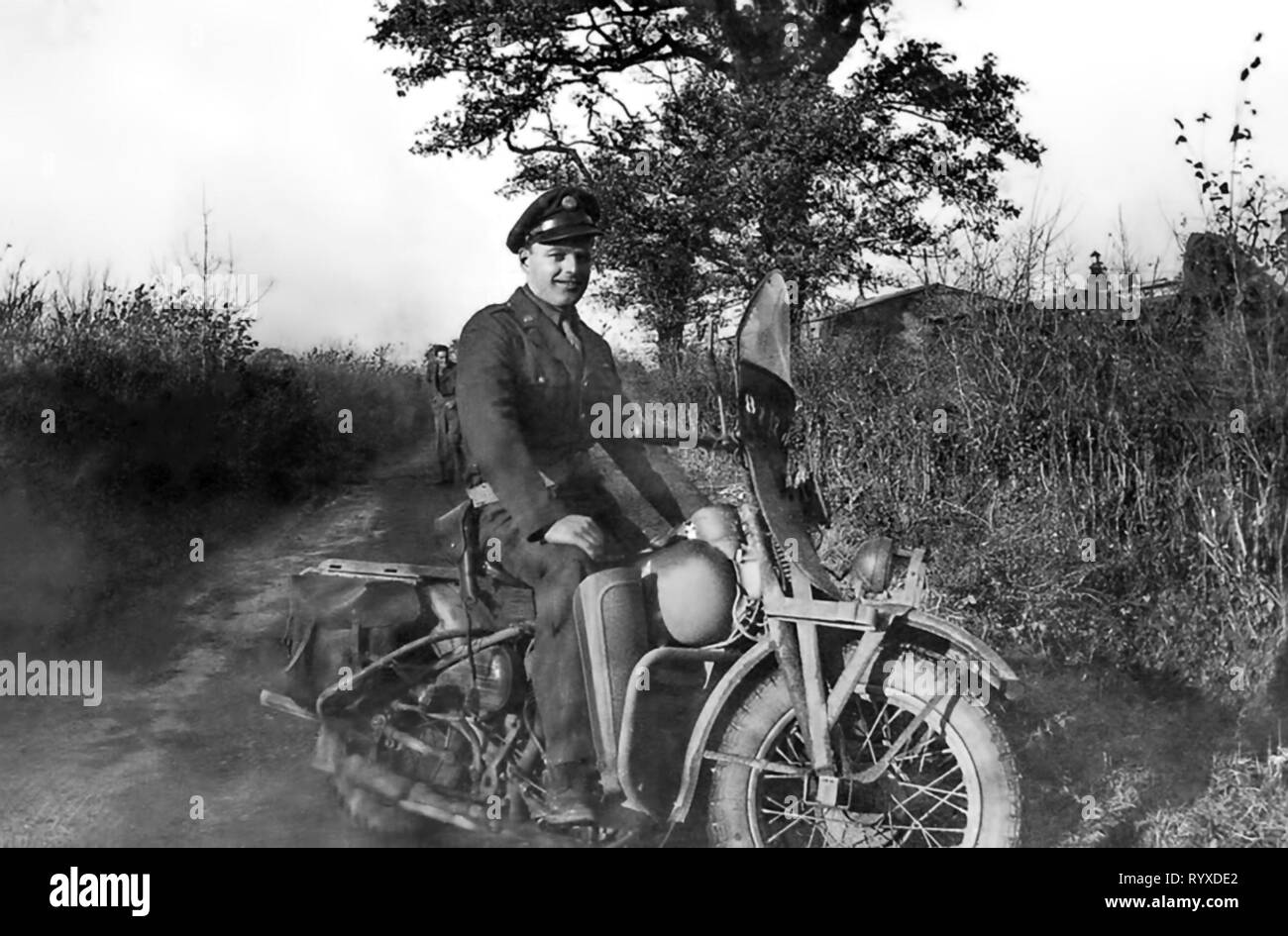 Personal photographs and memorabilia of fighting Americans during the Second World War. Military Police on motorcycles. Stock Photo