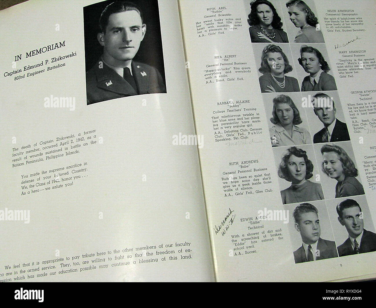 Casualties of war in the Bristol High School Class of 1942 and many other yearbooks across America during the Second World War. Stock Photo
