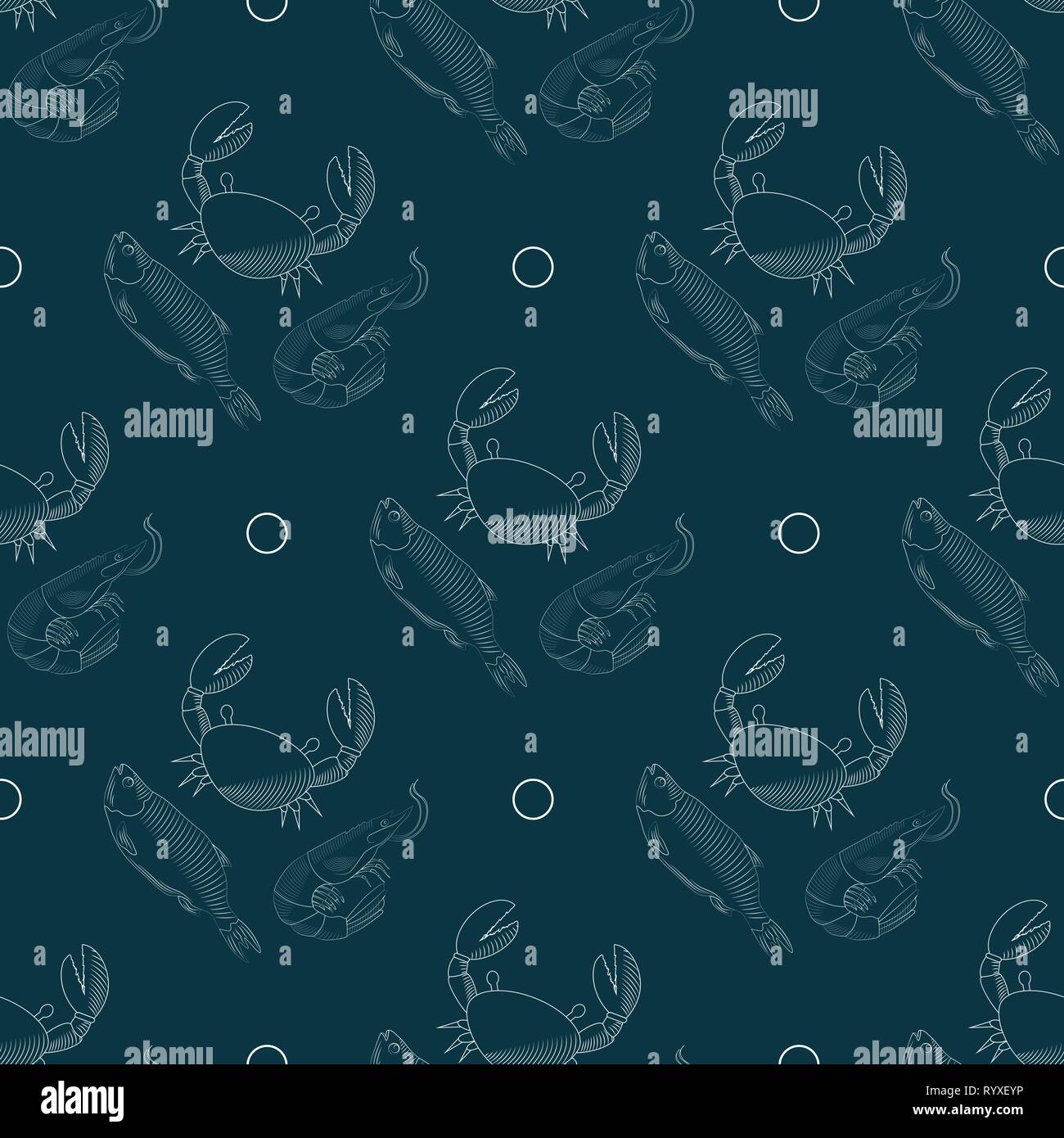Stylization by hand drawing. Fish, crab and shrimp vector seamless ...