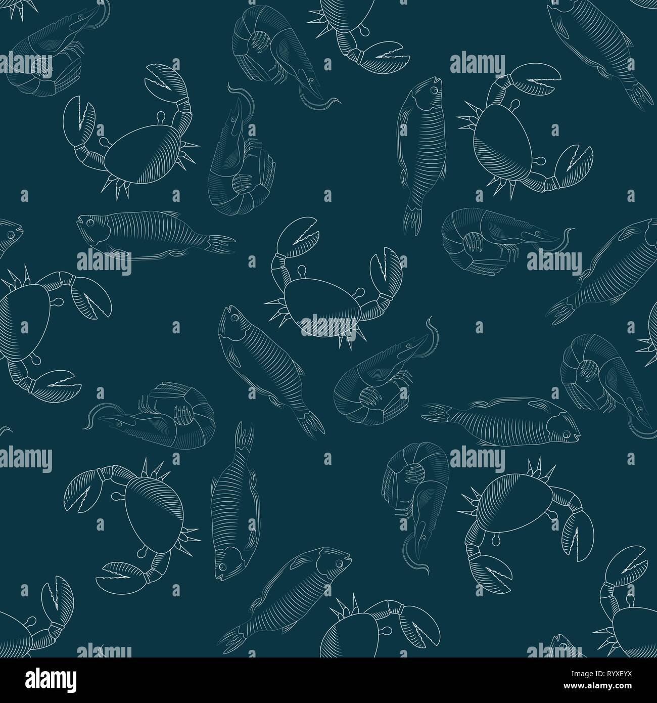 Fish, crab and shrimp vector seamless pattern. Stylization by hand ...