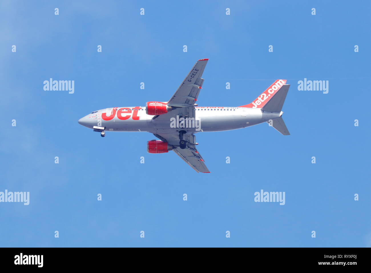 Boeing 737 G-CELE operated by JET2 on final approach into Leeds Bradford International Airport Stock Photo