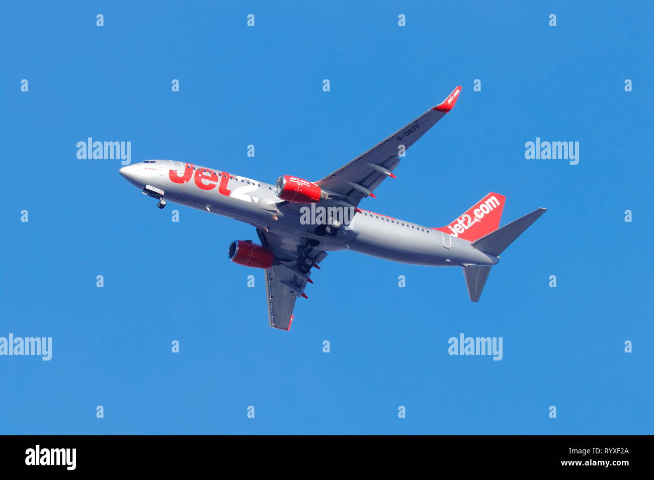 A Boeing 737 operated by Jet2 on final approach to Leeds Bradford International Airport Stock Photo