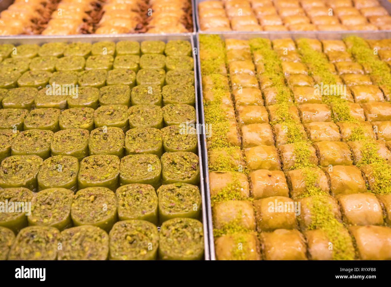 Traditional Turkish dessert Baklava close-up in the local Baklava shop in Turkey Stock Photo