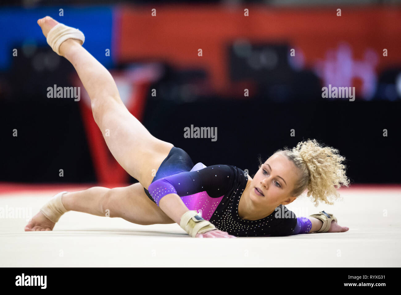 Liverpool, UK. 15th Mar, 2019. Taylor Richardson (Dynamic Gymnastics) in Floor Exercise of WAG Junior All-Around, Sub Division 1, during the 2019 Gymnastics British Championships at M&S Bank Arena on Friday, 15 March 2019. LIVERPOOL ENGLAND. (Editorial use only, license required for commercial use. No use in betting, games or a single club/league/player publications.) Credit: Taka G Wu/Alamy News Credit: Taka Wu/Alamy Live News Stock Photo
