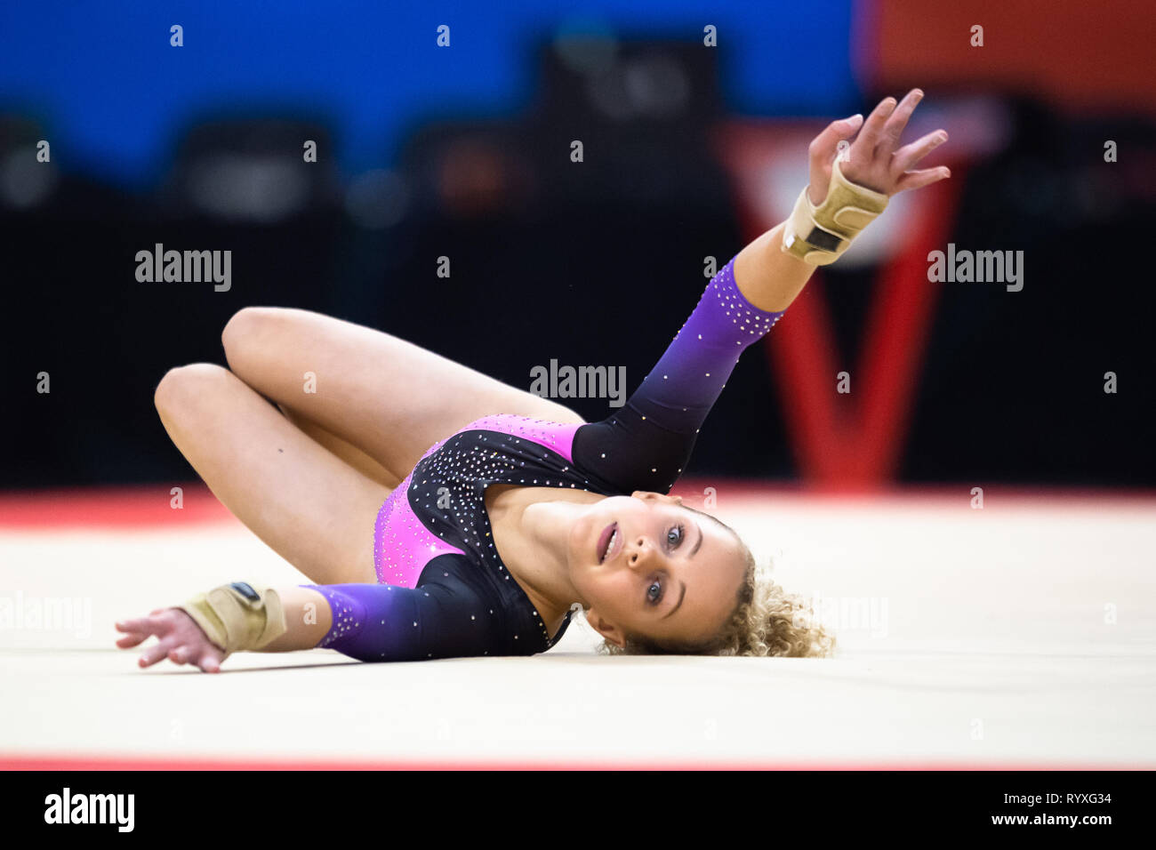 Liverpool, UK. 15th Mar, 2019. Taylor Richardson (Dynamic Gymnastics) in Floor Exercise of WAG Junior All-Around, Sub Division 1, during the 2019 Gymnastics British Championships at M&S Bank Arena on Friday, 15 March 2019. LIVERPOOL ENGLAND. (Editorial use only, license required for commercial use. No use in betting, games or a single club/league/player publications.) Credit: Taka G Wu/Alamy News Credit: Taka Wu/Alamy Live News Stock Photo