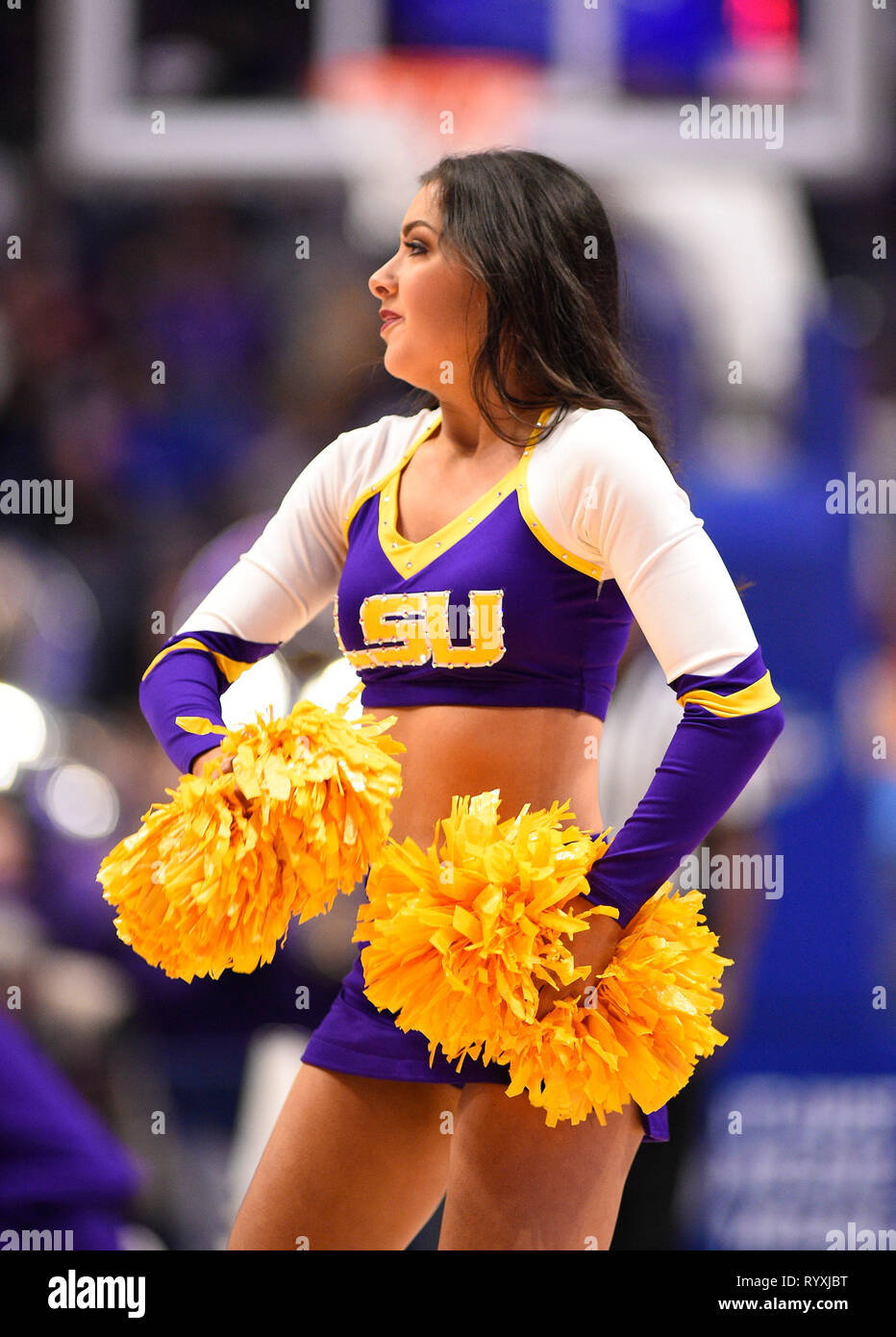 Nashville, Tennessee, USA. 13th Mar, 2019. March 15, 2019; LSU Tigers cheerleader during a time out during a SEC championship series game between the Florida Gators vs LSU Tigers at Bridgestone Arena in Nashville, TN (Mandatory Photo Credit: Steve Roberts/Cal Sport Media) Credit: Cal Sport Media/Alamy Live News Stock Photo