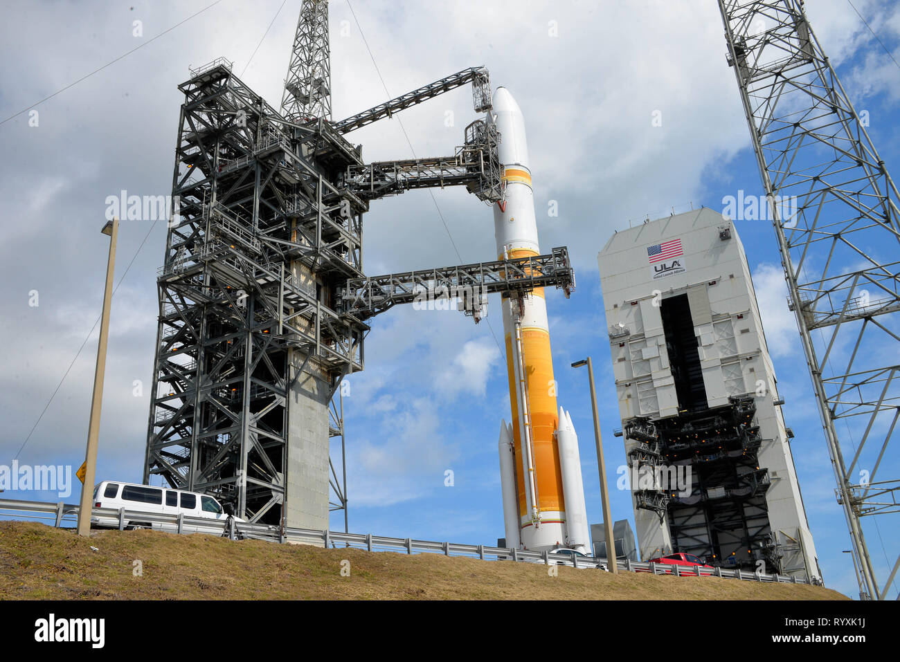 Cape Canaveral Air Force Station. Florida. USA. 15th March, 2019. The ULA Launch Readiness Review has been completed today and everything is progressing toward the ULA Delta IV launch carrying the WGS-10 mission for the U.S. Air Force. The mission is set to lift off on Friday, March 15 from Space Launch Complex-37 at Cape Canaveral Air Force Station in Florida. Today’s forecast shows an 80 percent chance of favorable weather conditions for launch. The launch window begins at 6:56 p.m. ET and extends to 9:05 p.m. ET. Photo Credit Julian Leek / Alamy Live News Stock Photo