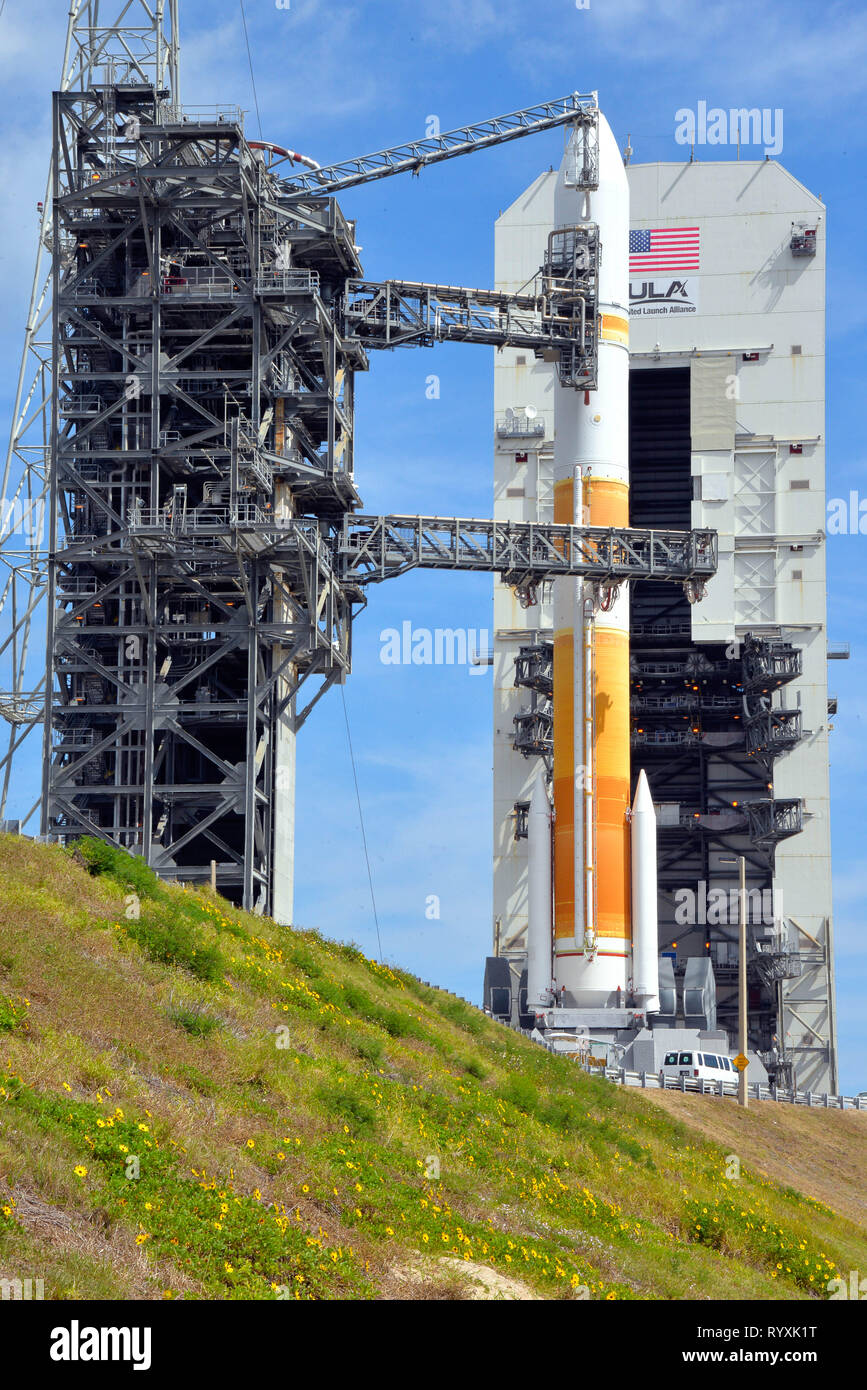 Cape Canaveral Air Force Station. Florida. USA. 15th March, 2019. The ULA Launch Readiness Review has been completed today and everything is progressing toward the ULA Delta IV launch carrying the WGS-10 mission for the U.S. Air Force. The mission is set to lift off on Friday, March 15 from Space Launch Complex-37 at Cape Canaveral Air Force Station in Florida. Today’s forecast shows an 80 percent chance of favorable weather conditions for launch. The launch window begins at 6:56 p.m. ET and extends to 9:05 p.m. ET. Photo Credit Julian Leek / Alamy Live News Stock Photo