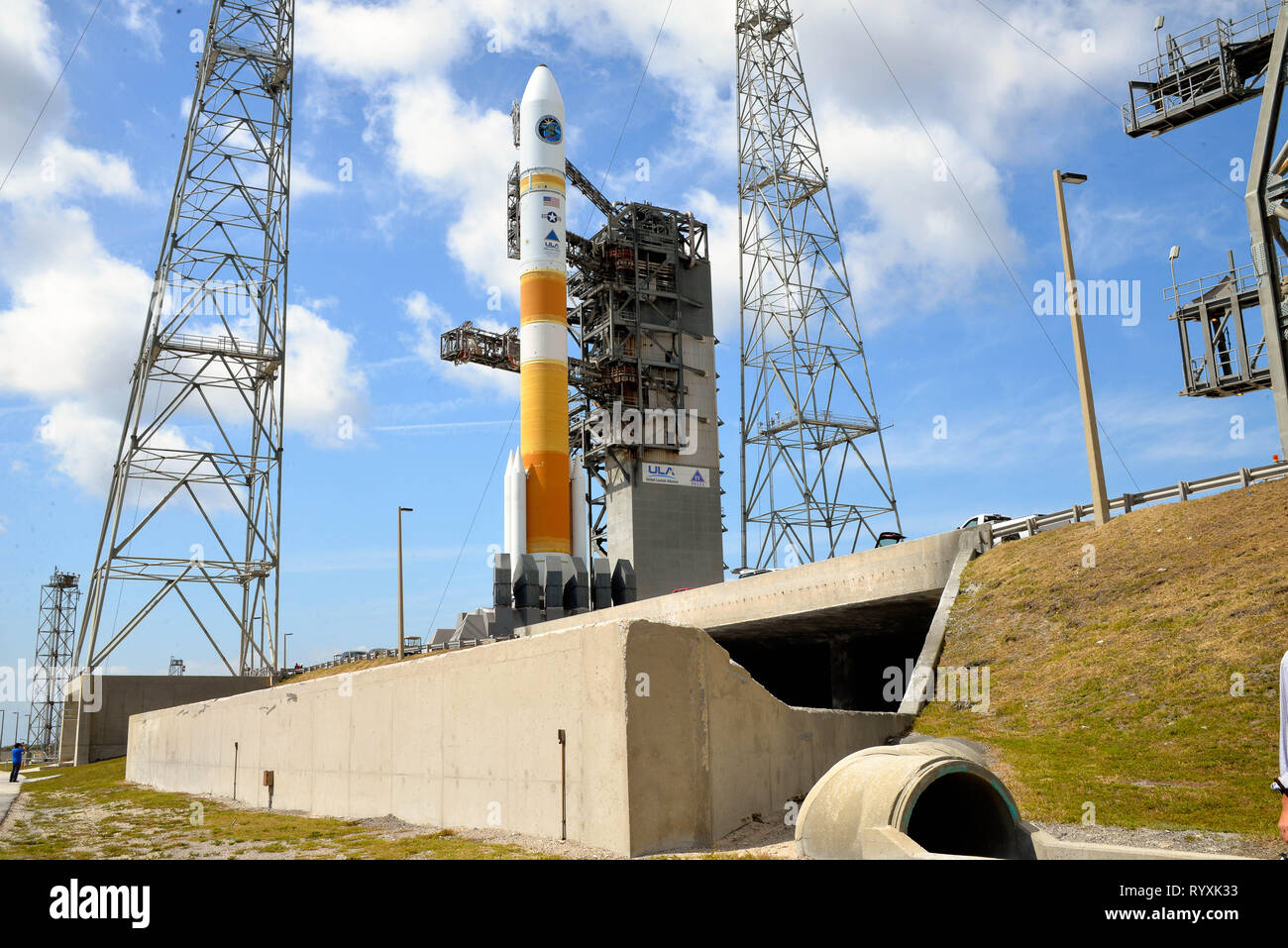 Cape Canaveral Air Force Station. Florida. USA. 15th March, 2019. The ULA Launch Readiness Review has been completed today and everything is progressing toward the ULA Delta IV launch carrying the WGS-10 mission for the U.S. Air Force. The mission is set to lift off on Friday, March 15 from Space Launch Complex-37 at Cape Canaveral Air Force Station in Florida. Today’s forecast shows an 80 percent chance of favorable weather conditions for launch. The launch window begins at 6:56 p.m. ET and extends to 9:05 p.m. ET. Photo Credit Julian Leek / Alamy Live News Stock Photo