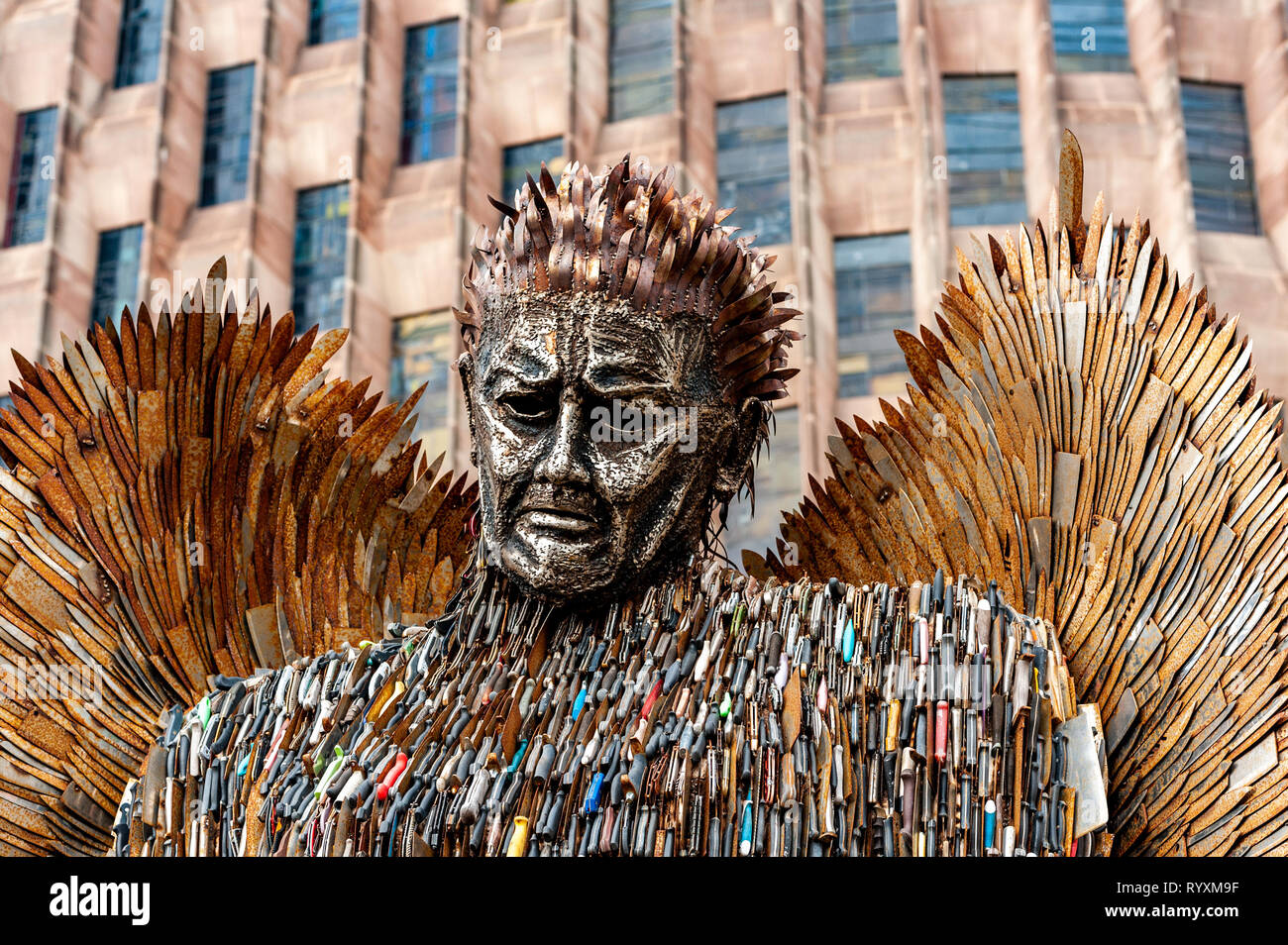 Coventry, West Midlands, UK. 15th March, 2019. The Knife Angel which was installed at Coventry Cathedral yesterday drew big crowds of spectators today.  The country is currently in a grip of knife violence. It is hoped the sculpture will highlight the issue and have a positive effect on the public. Credit: AG News/Alamy Live News. Stock Photo