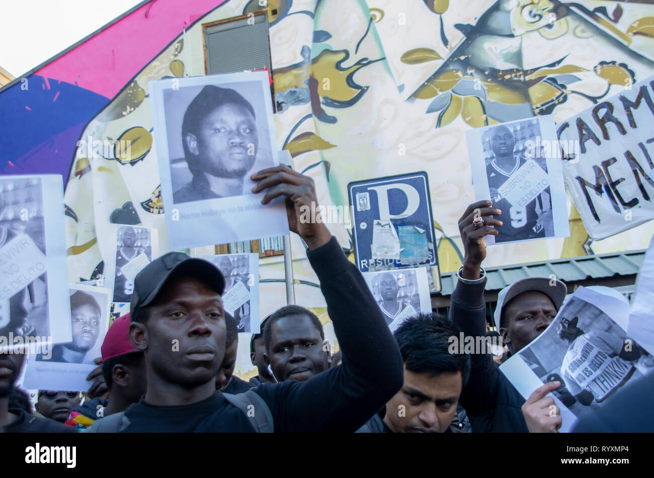 Madrid, Spain. 15th Mar 2019. A protest against institutional racism took place at Nelson Mandela square in Madrid one year after the death of Mame Mbaye, a Senegalese street vendor who died while being chased be the police for selling on the streets. According to the demonstratord, the young man did not have any legal papers despite having spent more than 10 years in Spain and authorities did not help his family after his death.   The protesters asked for justice and reported that they are constantly ignored and discriminated by Spanish authorities. Credit: Lora Grigorova/Alamy Live News Stock Photo