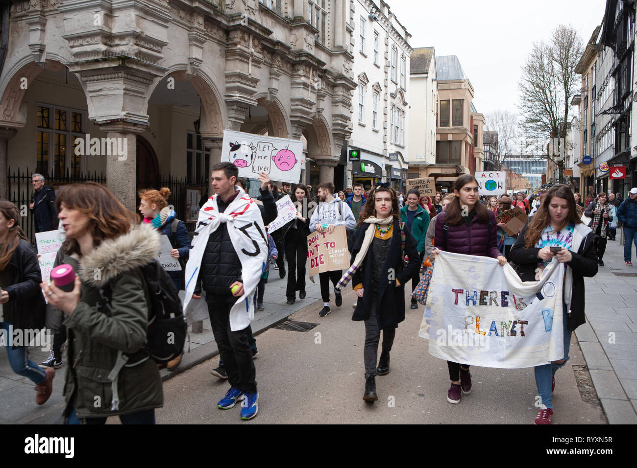Students from across Devon, UK, come together on a Fridays 4 Future protest march to highlight climate change with Youth Strike 4 Climate Stock Photo