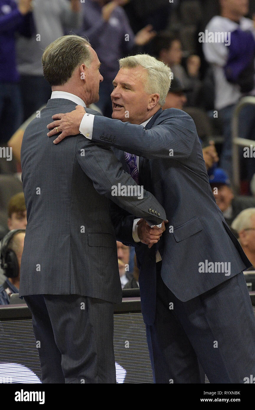 March 14, 2019: Kansas State Wildcats head coach Bruce Weber and TCU Horned Frogs head coach Jamie Dixon congratulate each other after a K-State win during the 2019 Phillips 66 Big 12 Men's Basketball Championship Semifinal game between the Kansas State Wildcats and the TCU Horned Frogs at the Sprint Center in Kansas City, Missouri. Kendall Shaw/CSM Stock Photo