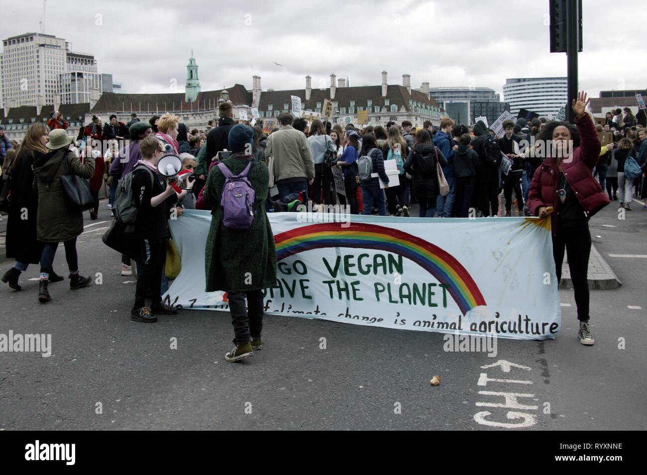 London, UK. 15th Mar 2019. 2nd UK-wide Youth Strike for Climate Brings Parliament Square and Westminster Bridge to a standstill after protesters block traffic into two main routes into the area Credit: Knelstrom Ltd/Alamy Live News Stock Photo