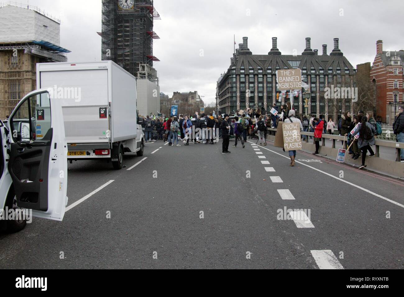 London, UK. 15th Mar 2019. 2nd UK-wide Youth Strike for Climate Brings Parliament Square and Westminster Bridge to a standstill after protesters block traffic into two main routes into the area Credit: Knelstrom Ltd/Alamy Live News Stock Photo