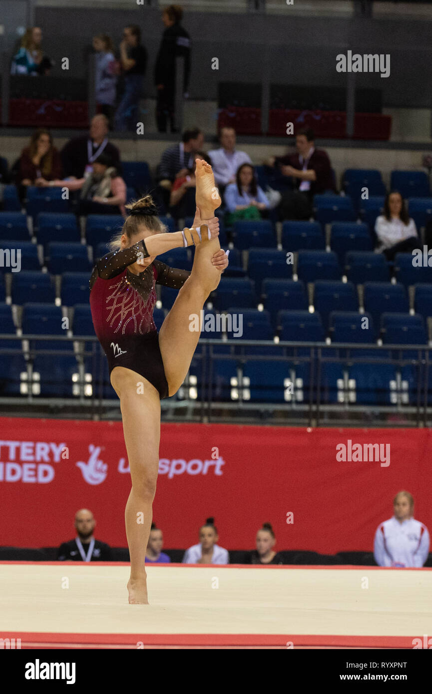 Liverpool, UK. 15th Mar, 2019. Isla Lees of Robin Hood Gymnastics