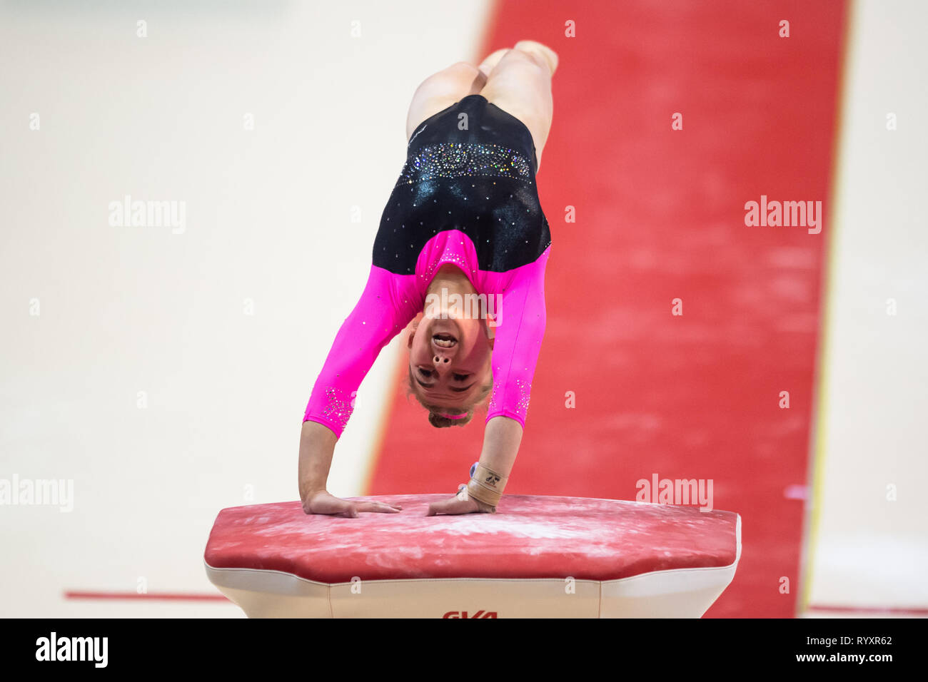 Liverpool, UK. 15th Mar, 2019. Lydia-May Collins (South Durham Gymnastic) performs pommel horse under WAG Junior - Sub Division 2, during the 2019 Gymnastics British Championships at M&S Bank Arena on Friday, 15 March 2019. LIVERPOOL ENGLAND. (Editorial use only, license required for commercial use. No use in betting, games or a single club/league/player publications.) Credit: Taka G Wu/Alamy News Credit: Taka Wu/Alamy Live News Stock Photo