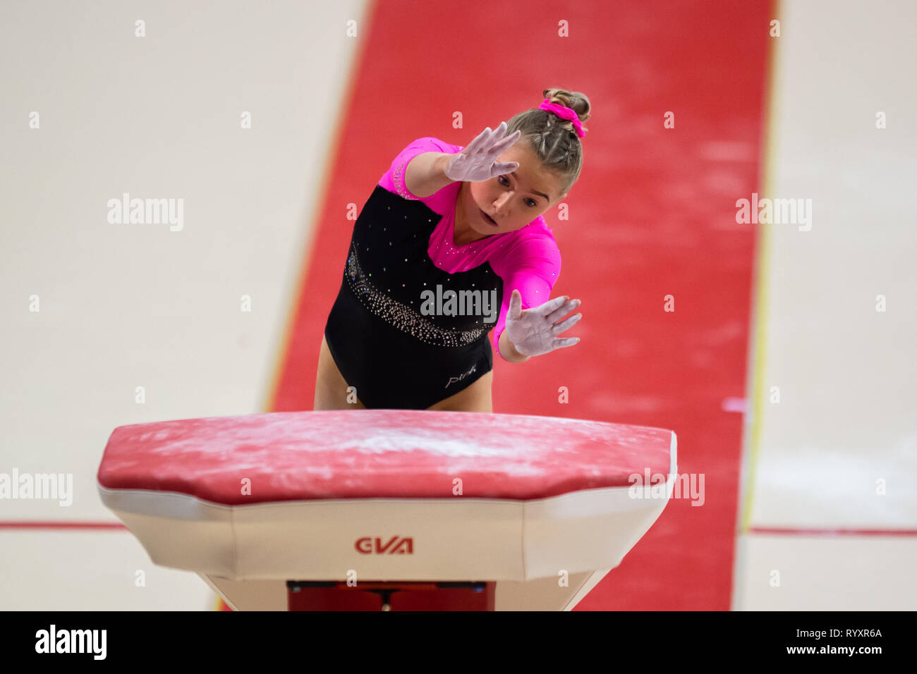 Liverpool, UK. 15th Mar, 2019. Lydia-May Collins (South Durham Gymnastic) performs pommel horse under WAG Junior - Sub Division 2, during the 2019 Gymnastics British Championships at M&S Bank Arena on Friday, 15 March 2019. LIVERPOOL ENGLAND. (Editorial use only, license required for commercial use. No use in betting, games or a single club/league/player publications.) Credit: Taka G Wu/Alamy News Credit: Taka Wu/Alamy Live News Stock Photo